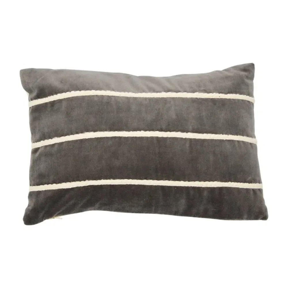 Creative Co-Op Grey/White Velvet Lumbar Pillow with Appliqué Stripes/NIP